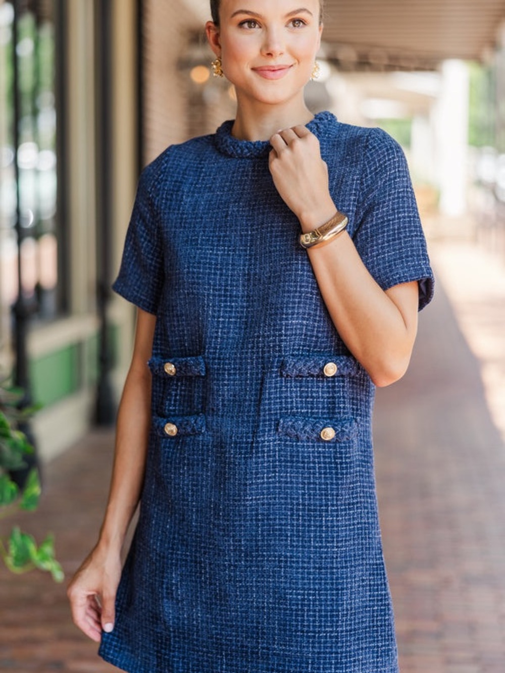 Amazon Navy Blue Tweed Mini Dress with Gold Buttons
